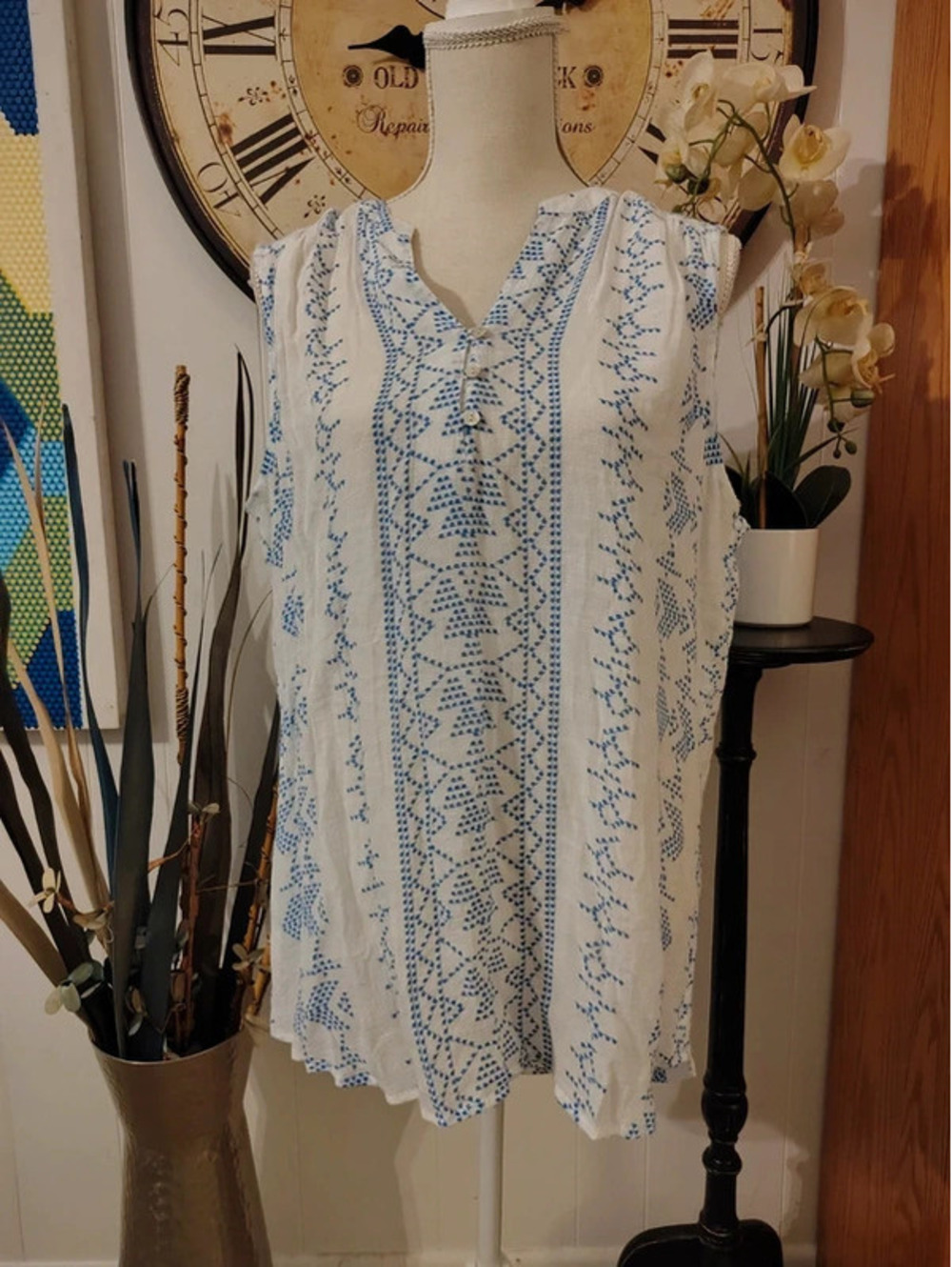 St. John’s Bay Blue & White Printed Tunic Top | XL